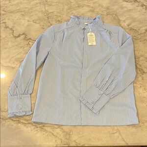 Chic Blue & White Stripped Blouse With Standup Ruffled Collar & Ruffled Sleeves